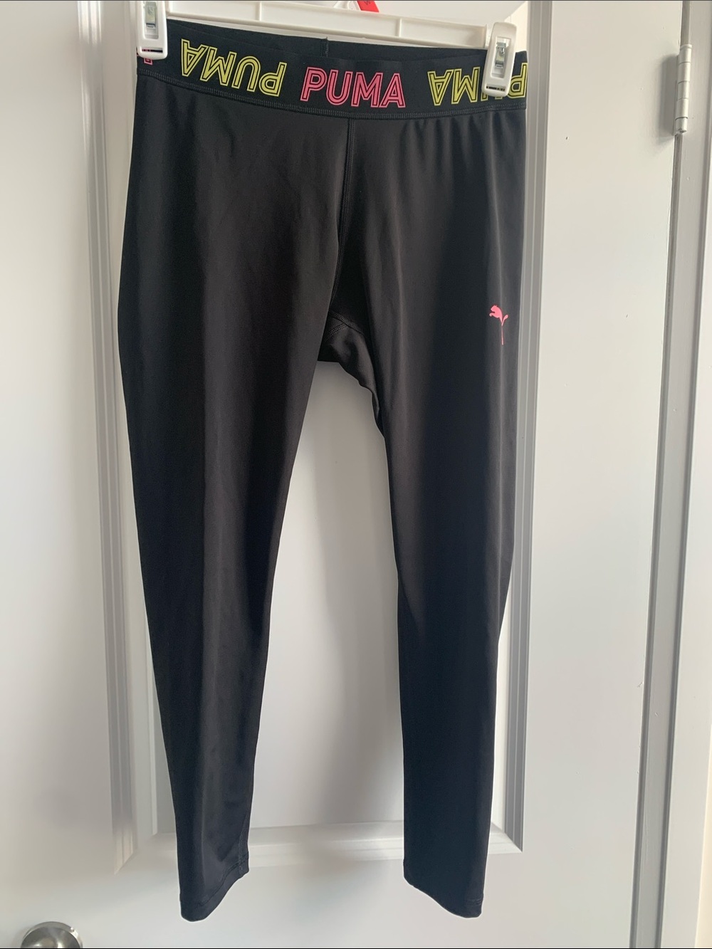 Puma Black Leggings with Pink and Yellow Branded Waistband